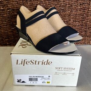 Life Stride Black YOLO Low Wedge Sandals Size 6.5